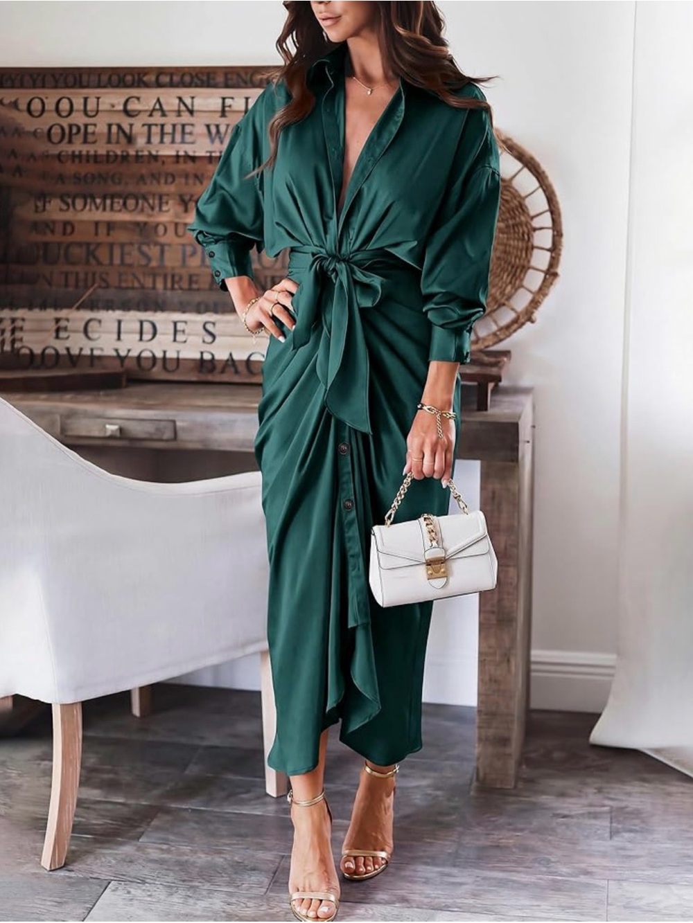 BTFBM Emerald Green Button Front Midi Dress
